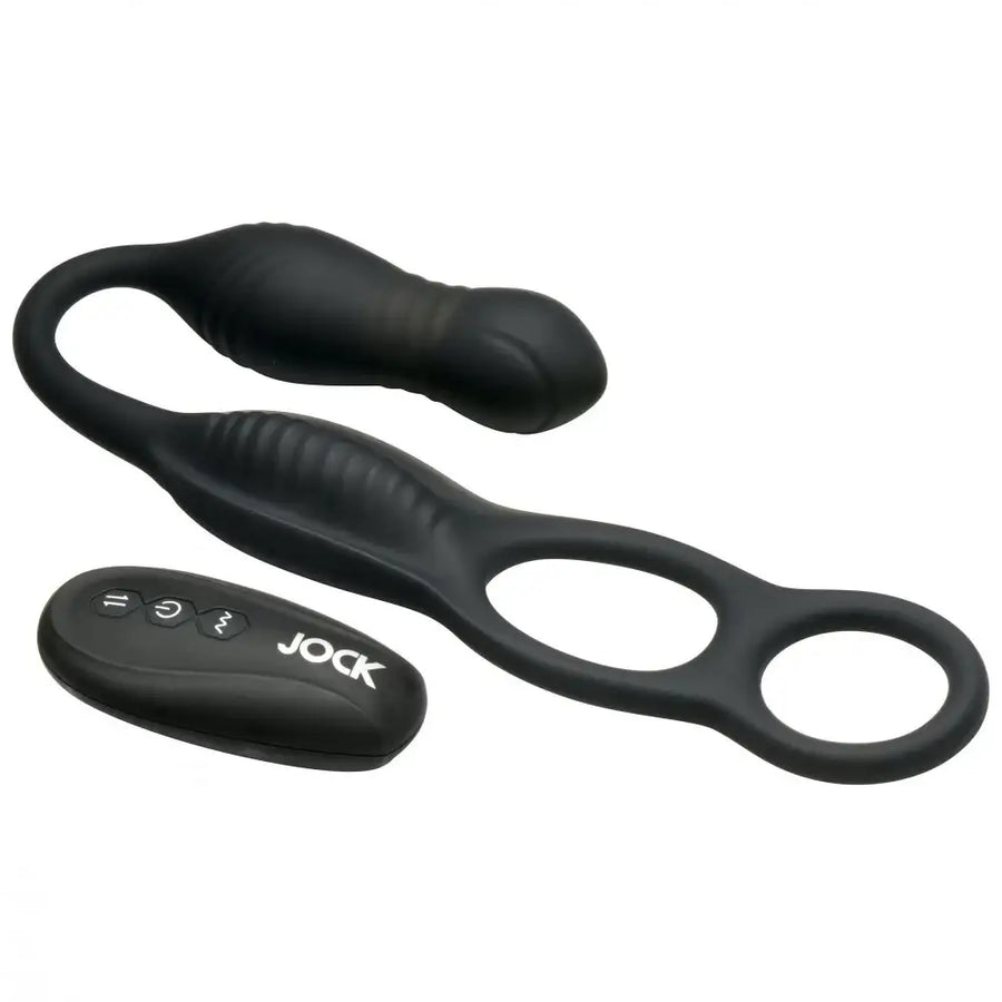 A black anal plug with a cock ring attached, featuring a ribbed texture. The product comes with a remote control for adjusting settings.