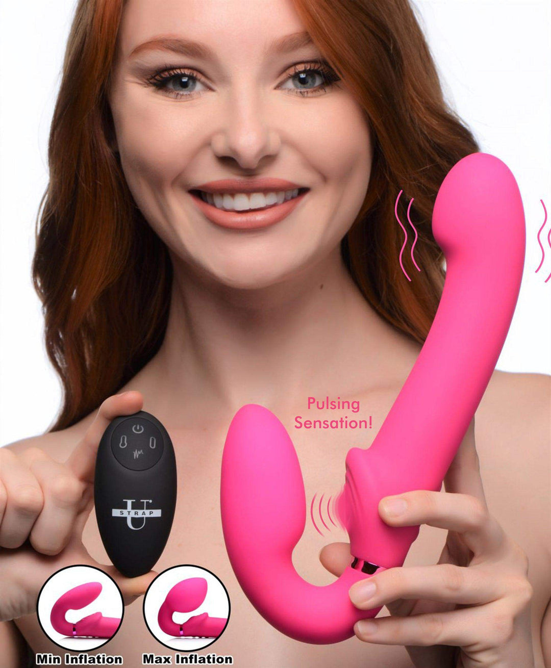 10X Remote Control Ergo-Fit G-Pulse Inflatable and Vibrating Strapless Strap-on - Pink - The Dildo Hub