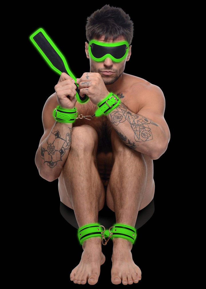 Kink in the Dark Glowing Cuffs Blindfold and Paddle Bondage Set - The Dildo Hub