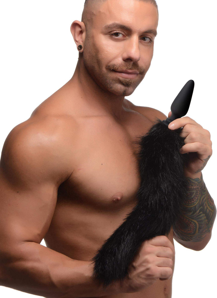 Large Anal Plug with Interchangeable Fox Tail - Black - The Dildo Hub