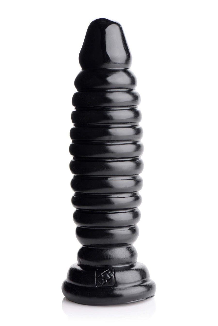 A black, ribbed anal plug with a flared base, featuring a series of gradually increasing rings along its shaft.