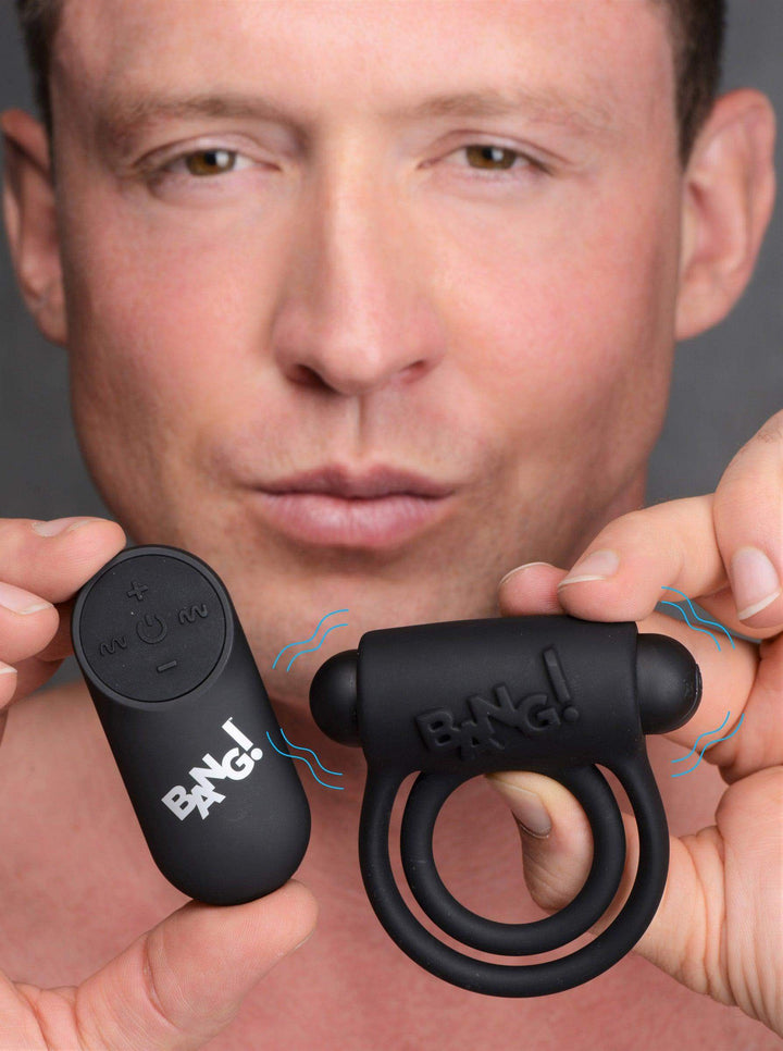 Remote Control 28X Vibrating Cock Ring and Bullet - Black - The Dildo Hub
