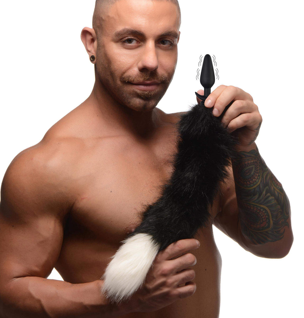 Small Vibrating Anal Plug with Interchangeable Fox Tail - Black and White - The Dildo Hub