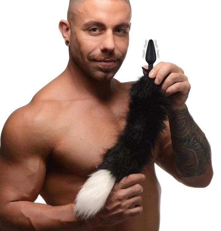 Small Vibrating Anal Plug with Interchangeable Fox Tail - Black and White - The Dildo Hub