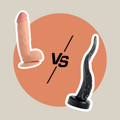 Realistic vs fantasy dildos side-by-side comparison showing textures, sizes, and bases