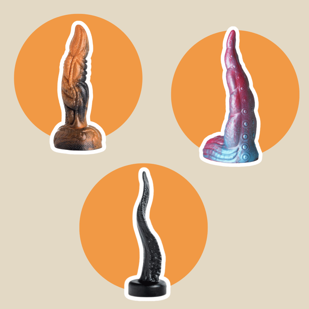 Complete fantasy dildo buying guide comparing dragon dildos with textured scales, flexible tentacle dildos with sucker patterns, and asymmetric alien dildos with segmented bulbs for advanced users