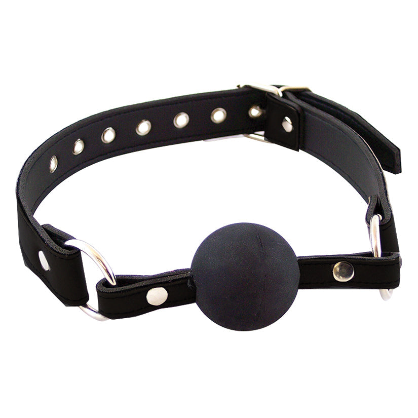 Close-up of a black silicone ball gag with adjustable leather straps, used as a BDSM restraint accessory for bondage play