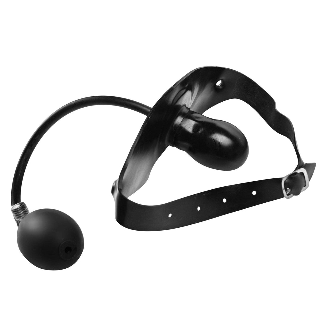 Black inflatable gag with rubber mouthpiece, hand pump, and adjustable leather straps for extreme BDSM bondage play