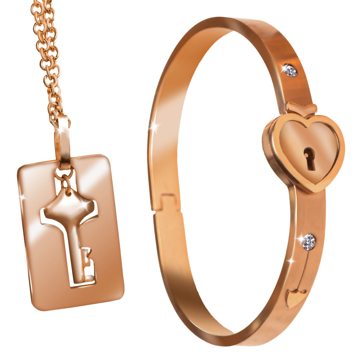 Cuffed Locking Bracelet and Key Necklace Set
