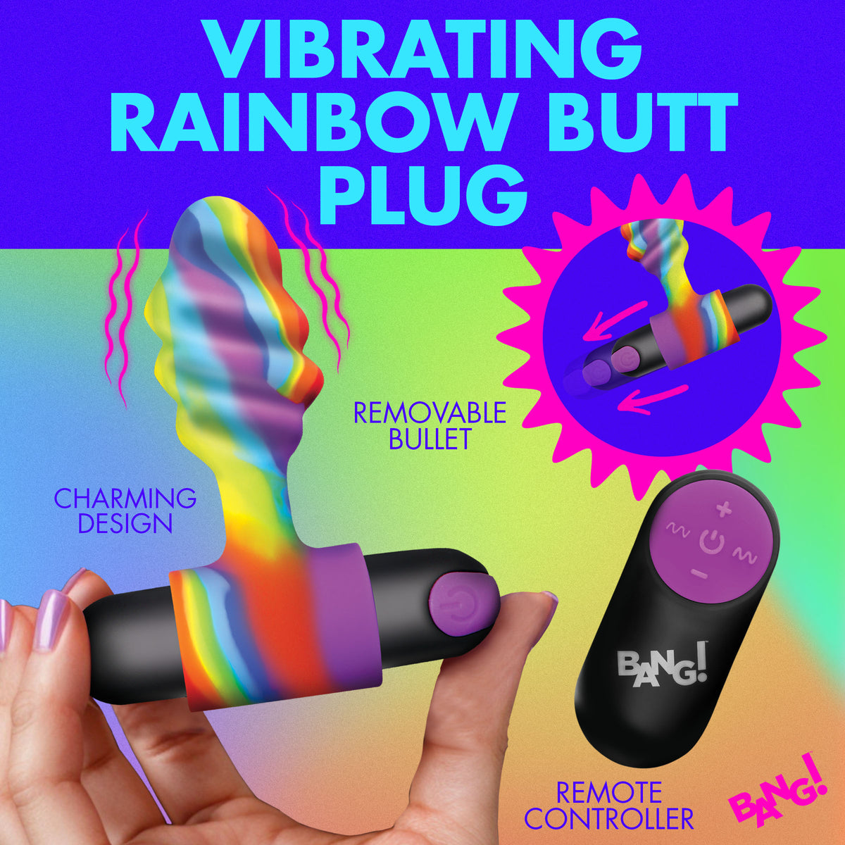 Bang! Vibrating Rainbow Silicone Butt Plug with Remote