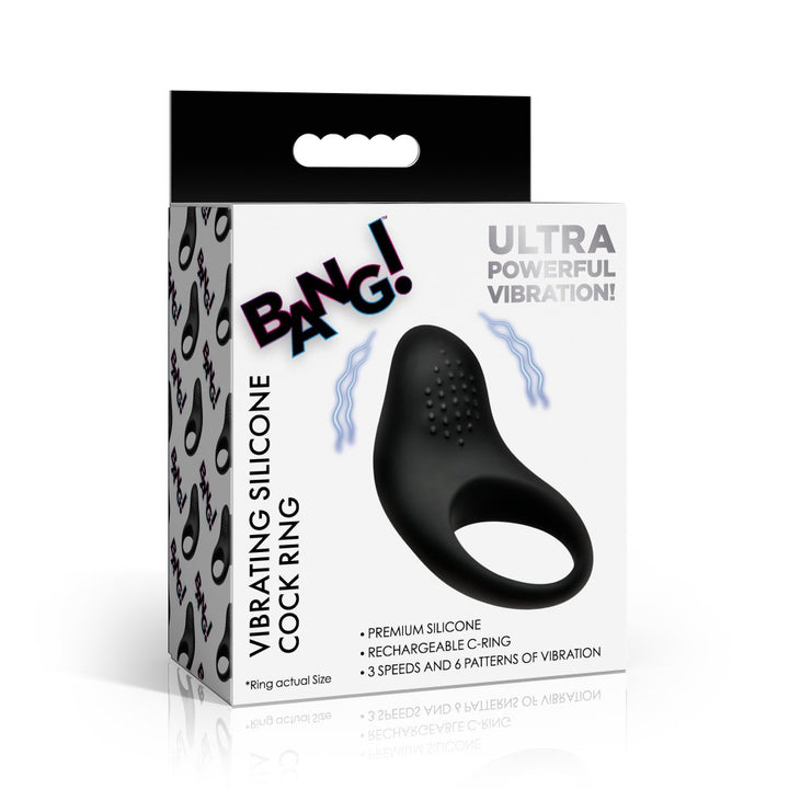 Vibrating Silicone Black Cock Ring w/ Clit Stimulation Pad