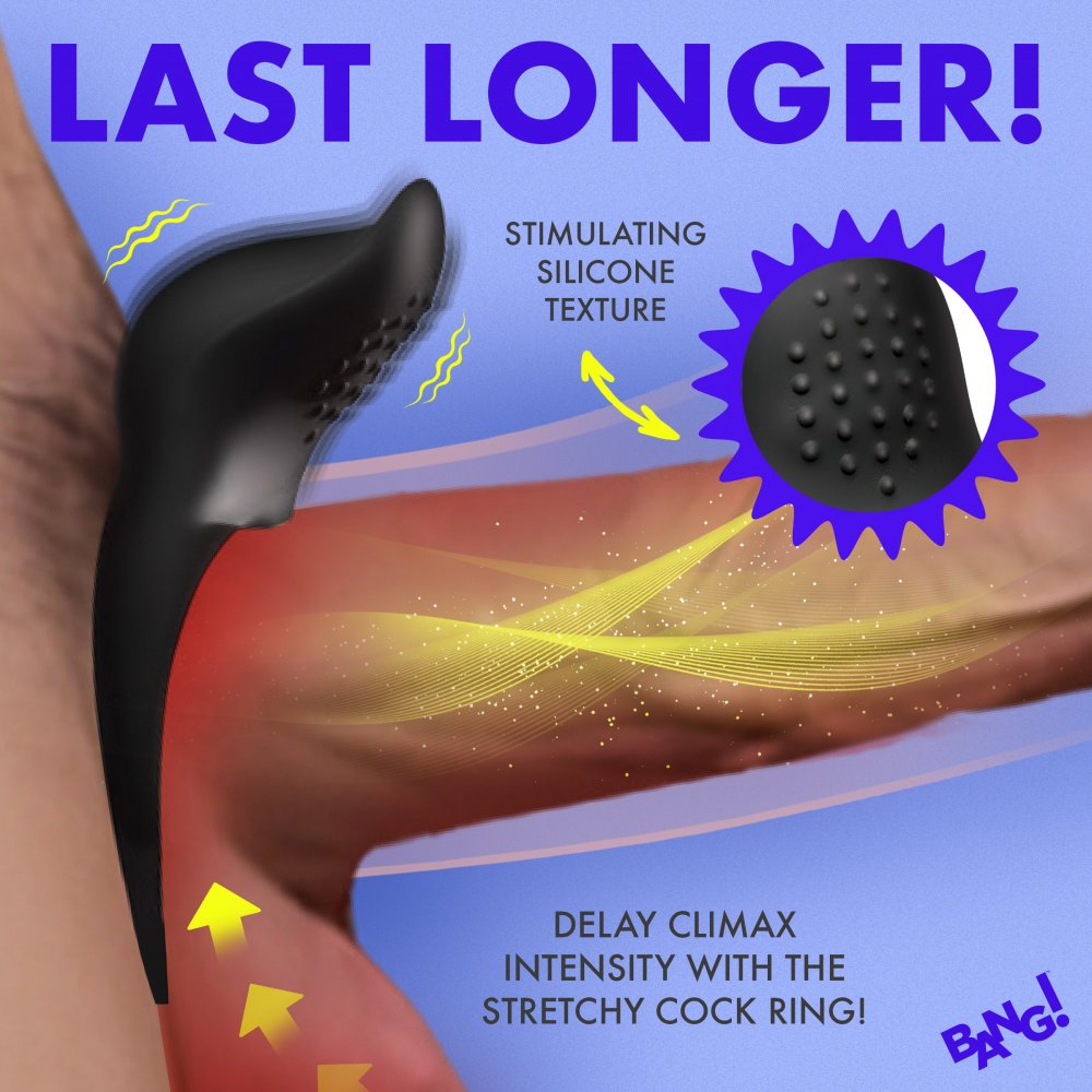 Vibrating Silicone Black Cock Ring w/ Clit Stimulation Pad