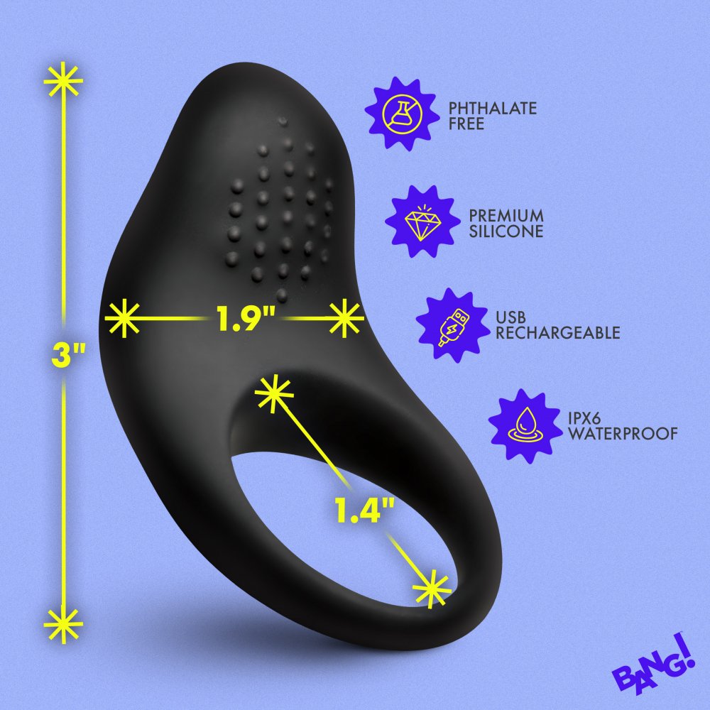 Vibrating Silicone Black Cock Ring w/ Clit Stimulation Pad