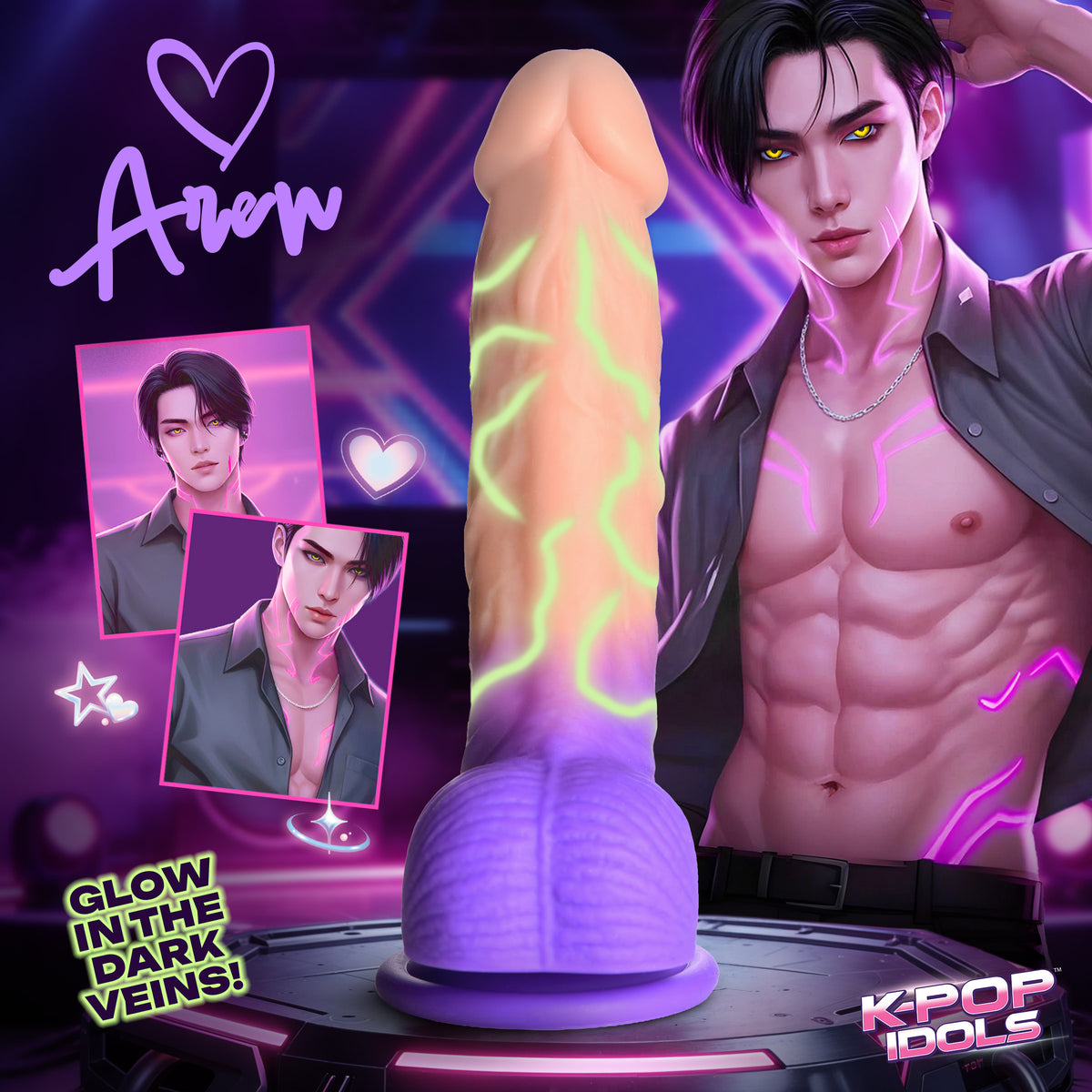 K-Pop Idols Aren Glow-in-the-Dark Veined Dildo with Balls