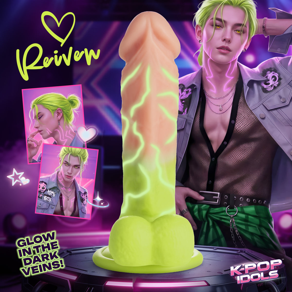 K-Pop Idols Reiven Silicone Dildo with Balls and Glow Arc