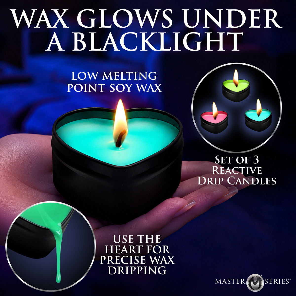 Master Series Burning Heart Blacklight Drip Candles, Set of 3
