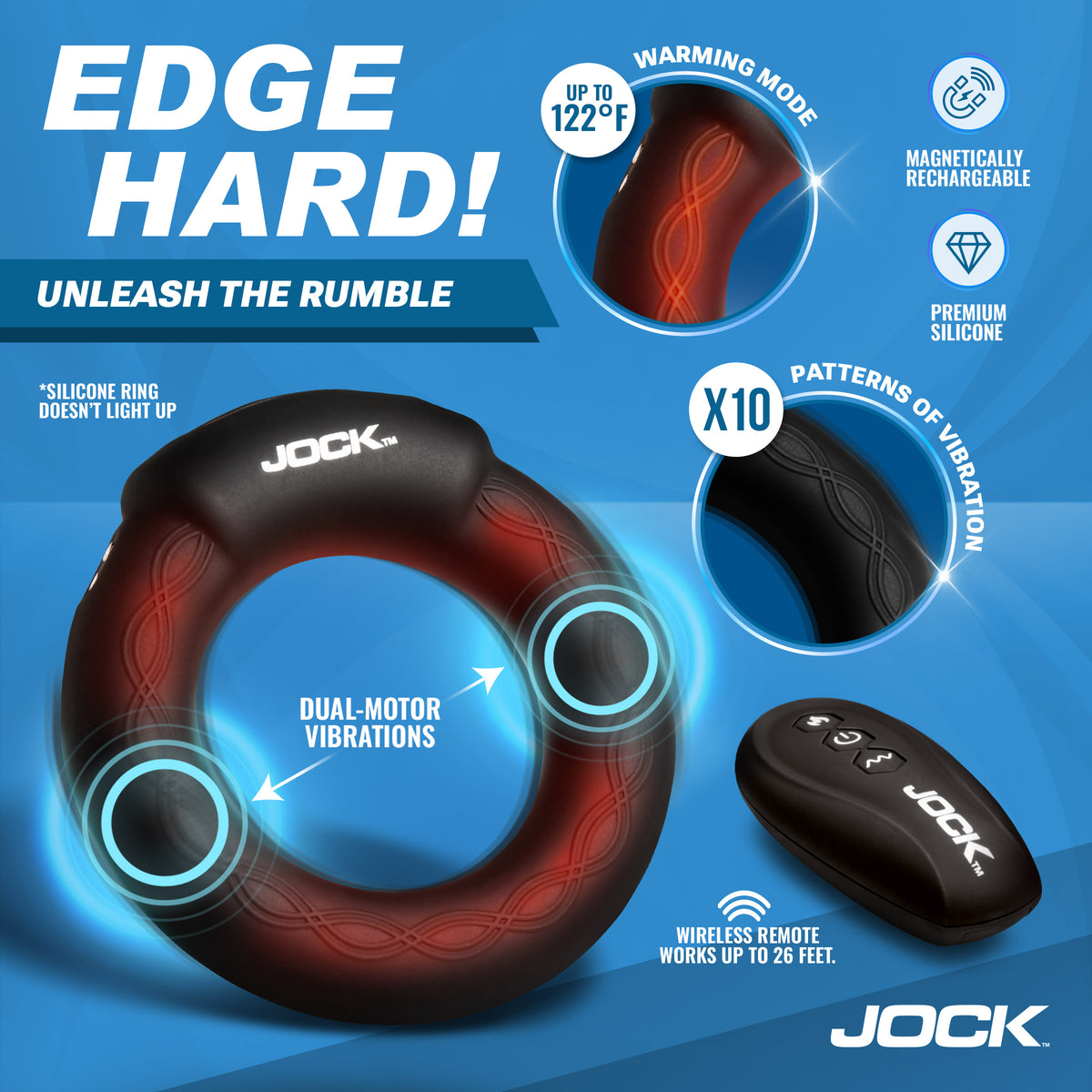 Rumbler Vibrating and Warming Silicone Cock Ring, 1.8 Inch