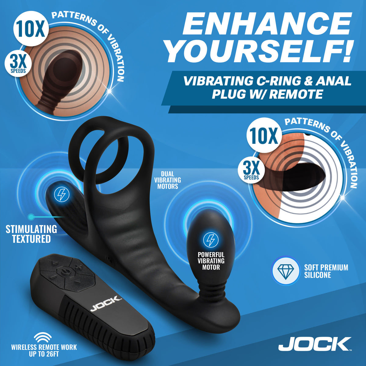 Jock Triple Rush Vibrating C-Ring and Anal Plug with Remote