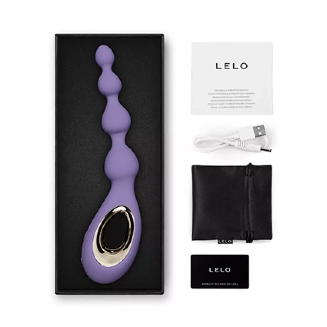 LELO SORAYA Beads Vibrating Anal Beads with Bow-Motion in Violet Dusk, open box