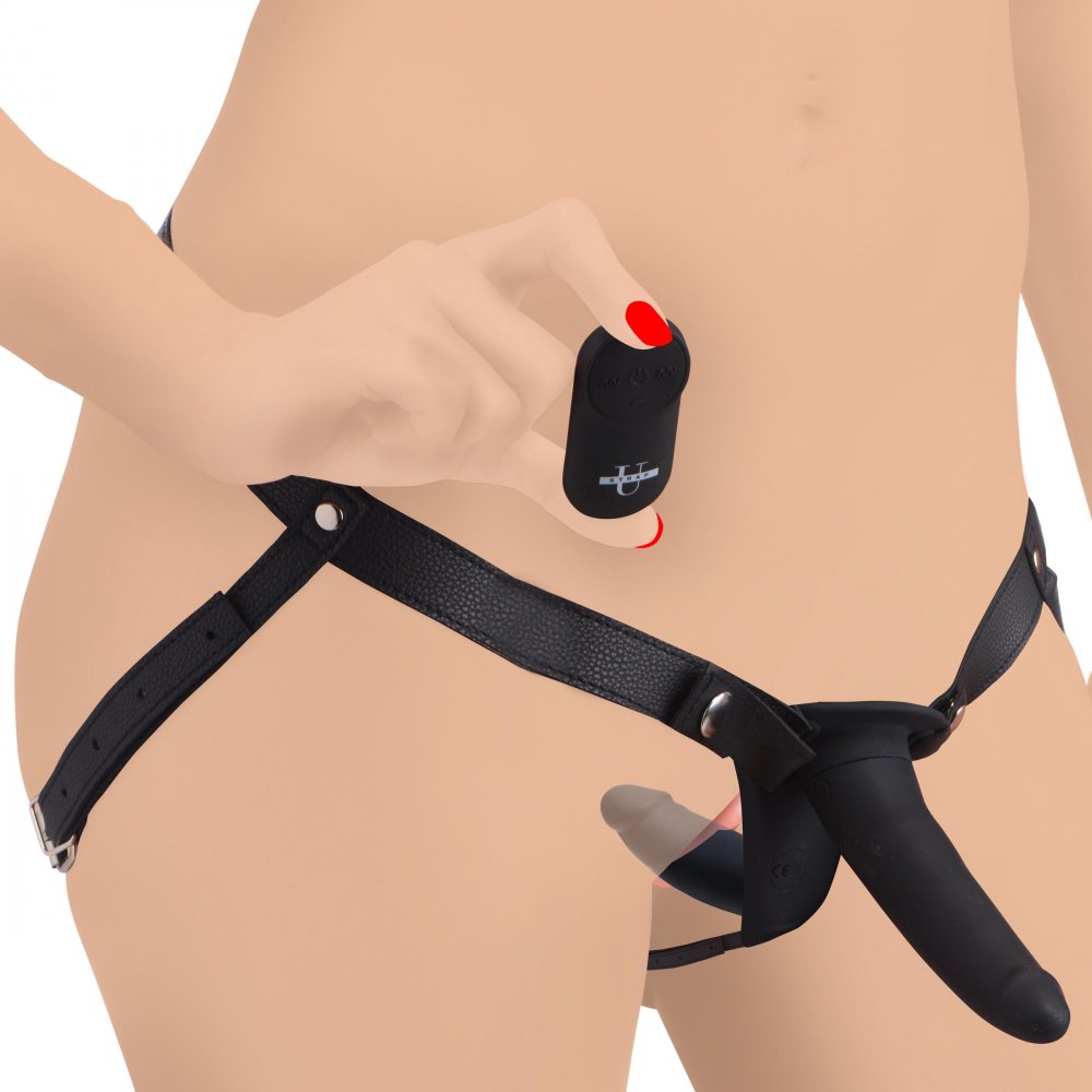 28X Power Pegger Beginner Vibrating Double Dildo with Harness and Remote - shown on model