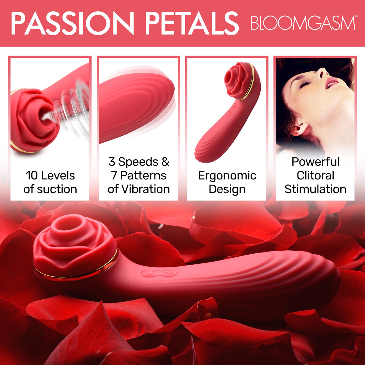 Passion Petals 10X Silicone Suction Rose Vibrator, Red