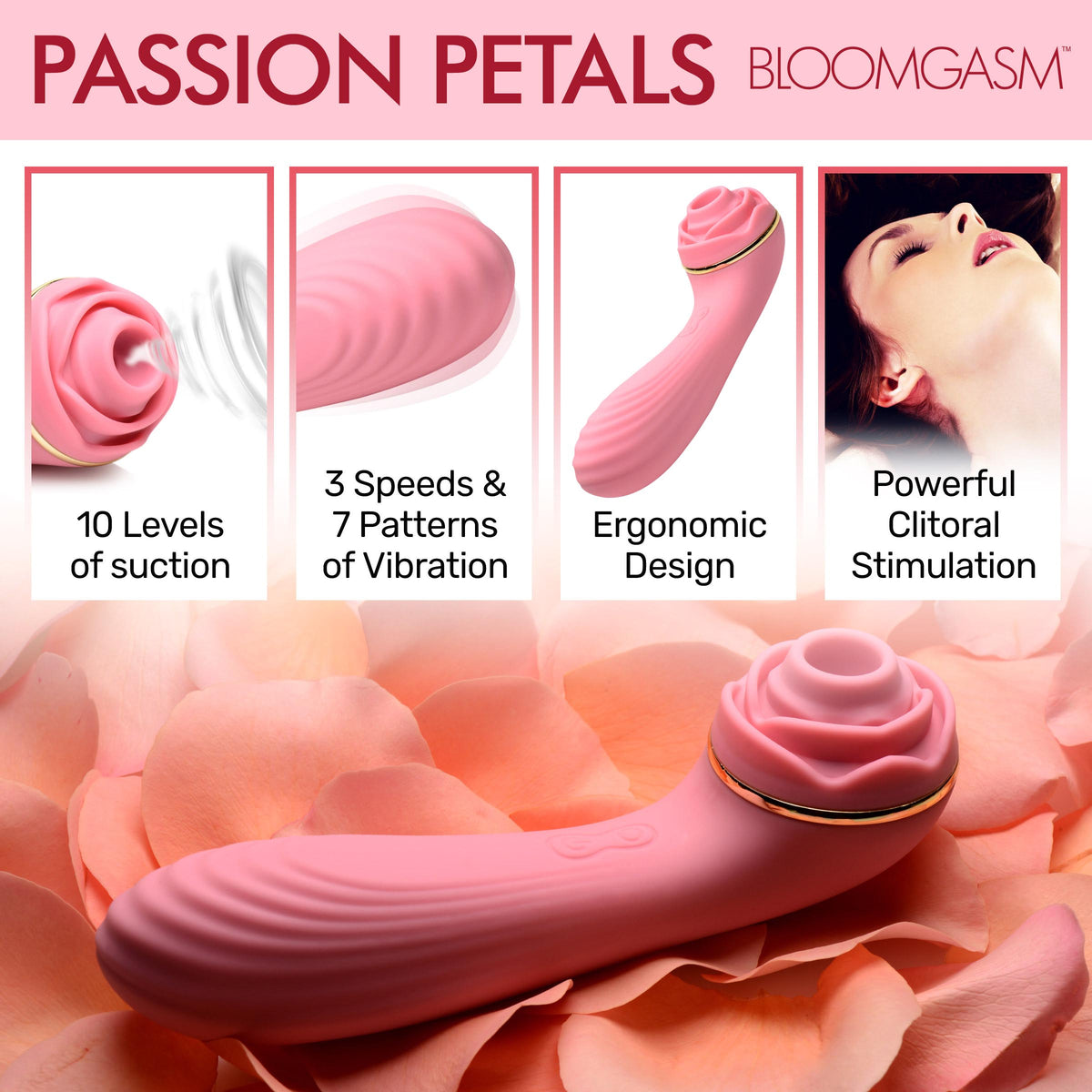 Passion Petals 10X Silicone Suction Rose Vibrator, Pink