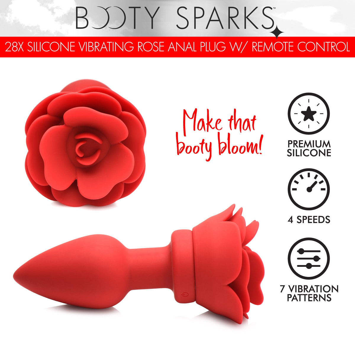 28X Vibrating Silicone Rose Anal Plug with Remote, Large