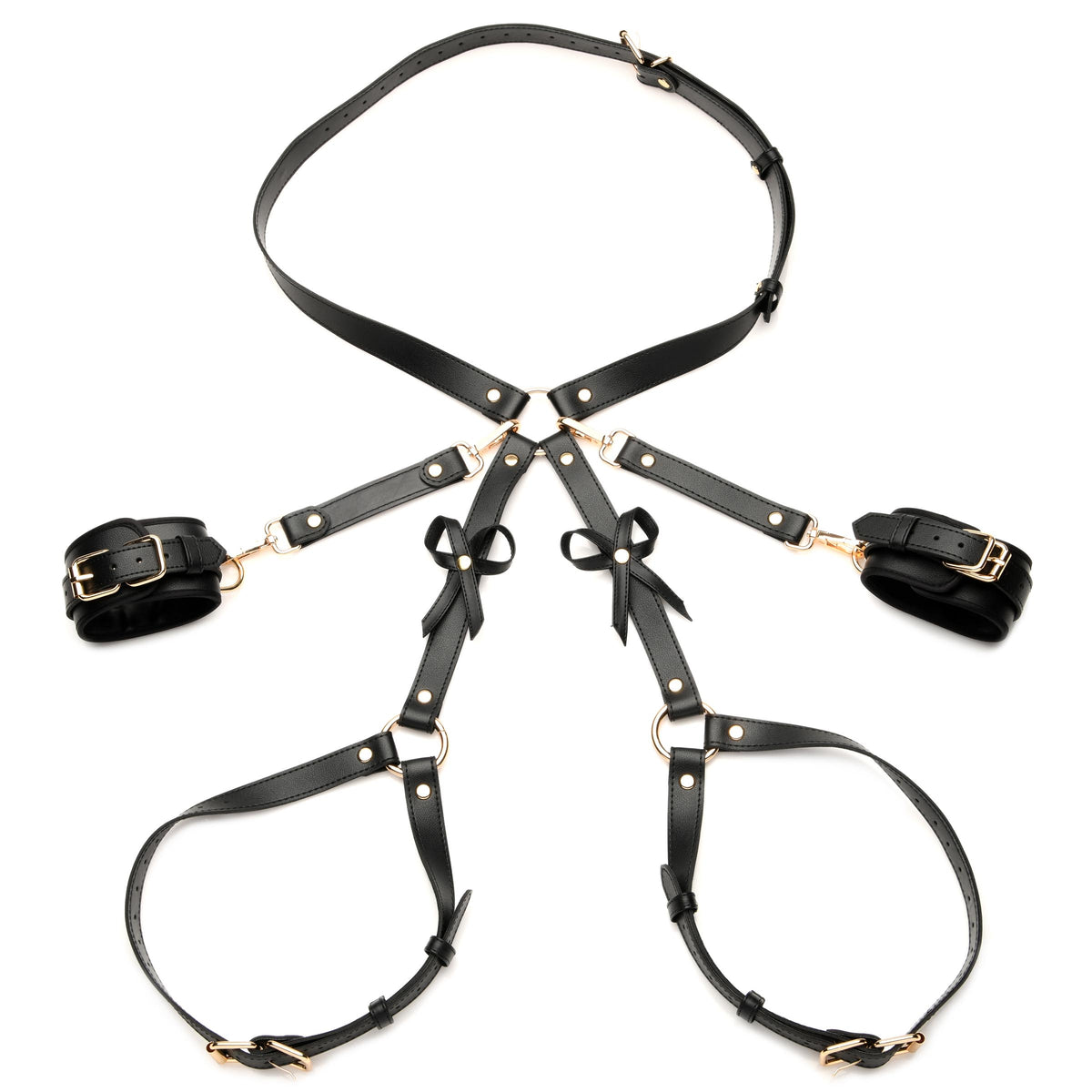 Bondage Thigh Harness with Bows and Wrist Cuffs, Black in M/L