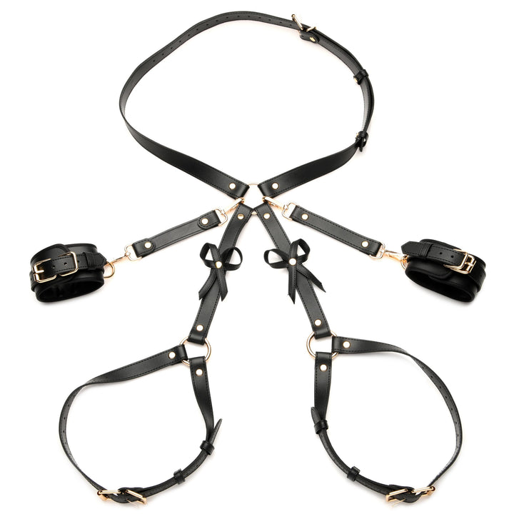 Bondage Thigh Harness with Bows and Wrist Cuffs, Black in M/L