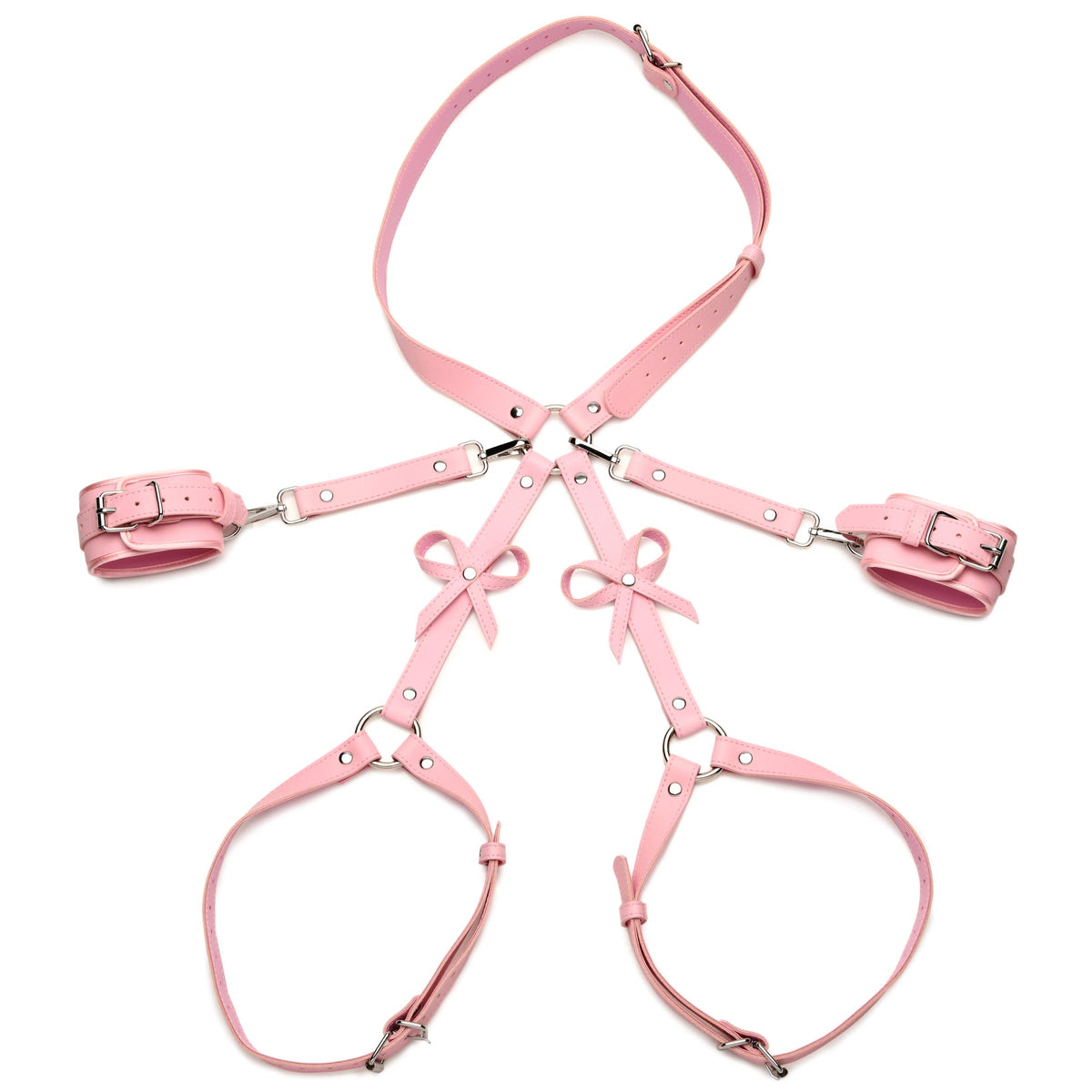 Bondage Thigh Harness with Bows and Wrist Cuffs, Pink in M/L