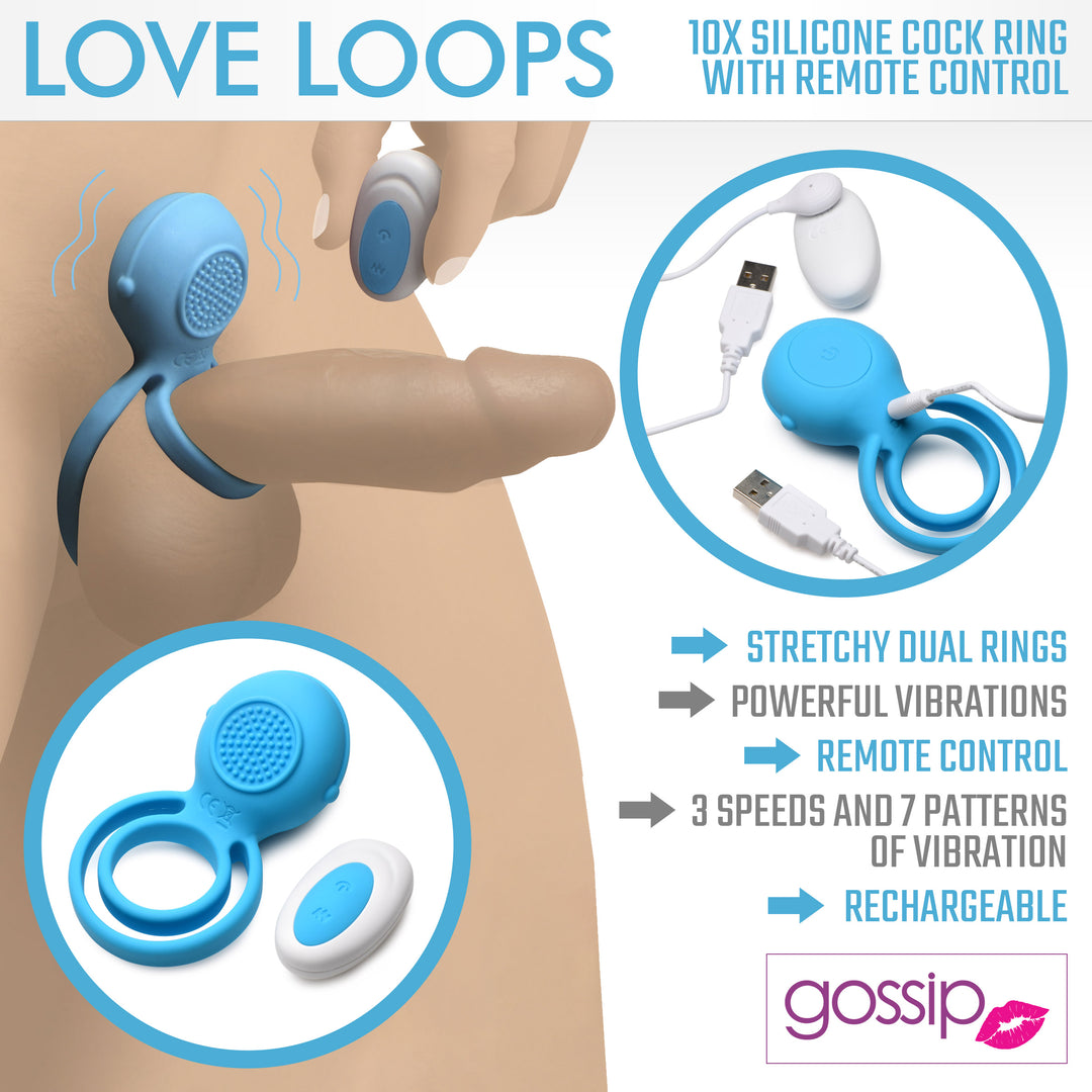 Love Loops 10X Silicone Cock Ring with Remote in Blue
