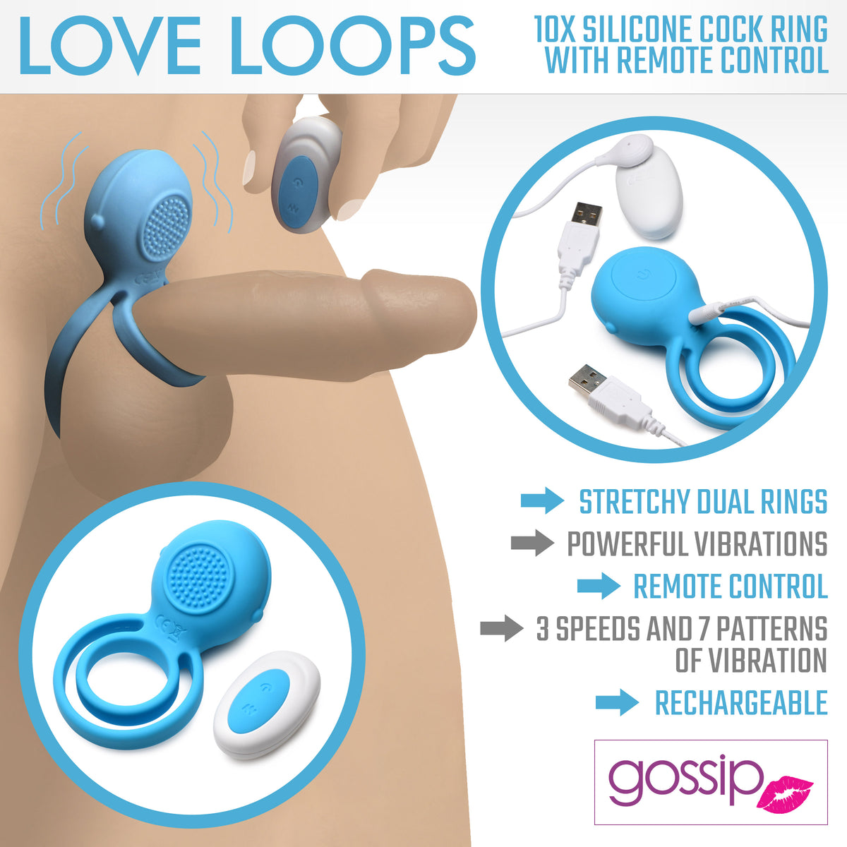 Love Loops 10X Silicone Cock Ring with Remote in Blue