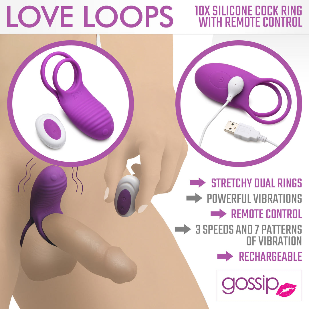 Love Loops 10X Silicone Cock Ring with Remote in Purple