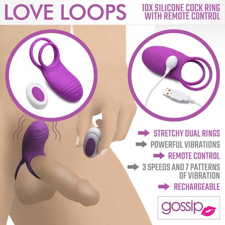 Love Loops 10X Silicone Cock Ring with Remote in Purple