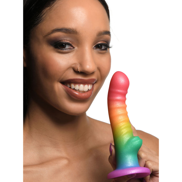 Ribbed Rainbow Silicone Dildo with Suction Cup