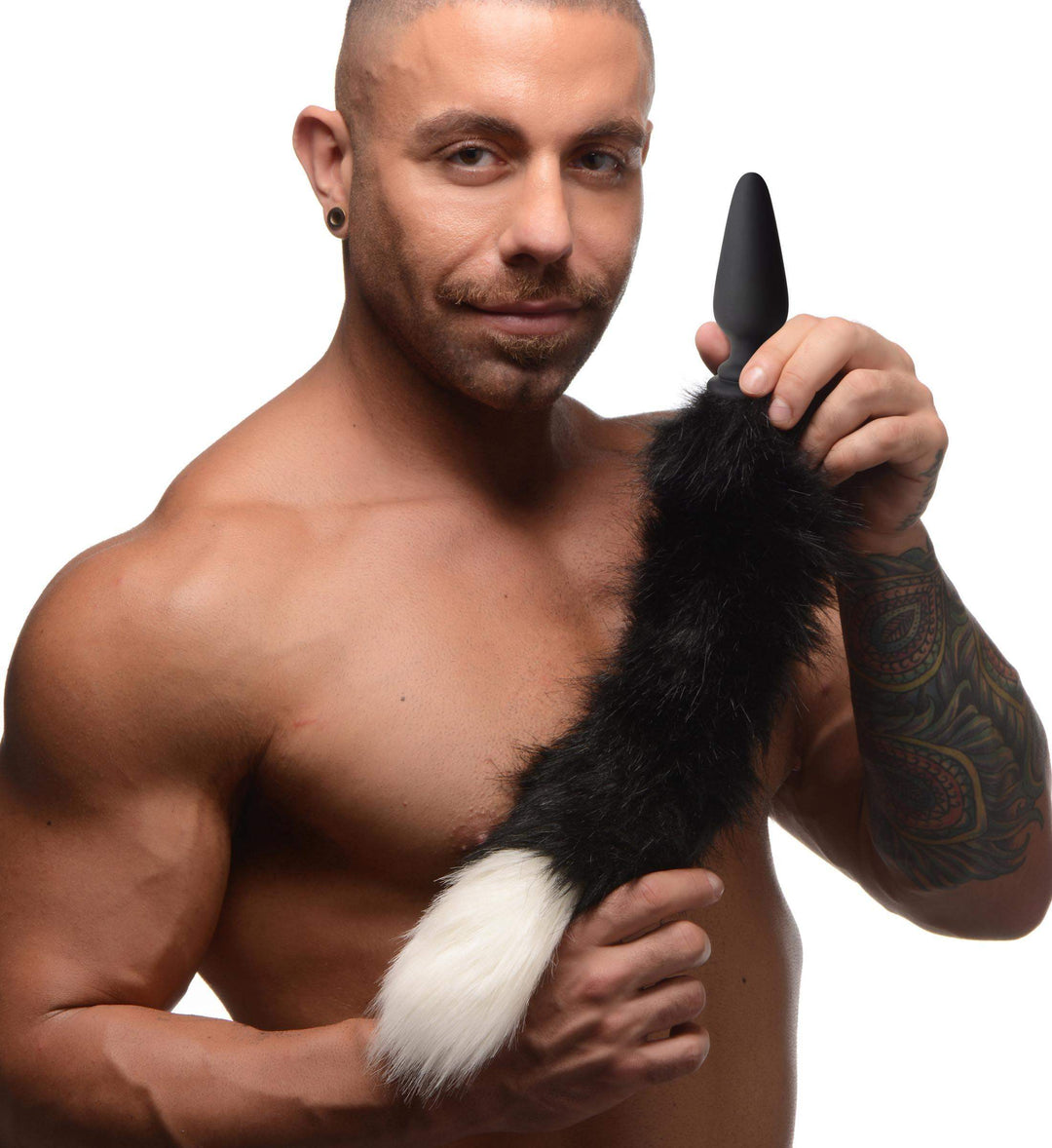 Anal Plug with Interchangeable Fox Tail in Black and White Large
