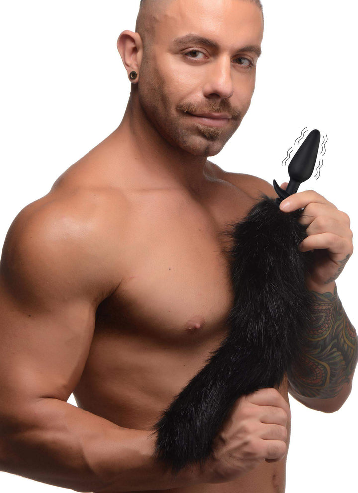 Vibrating Anal Plug with Interchangeable Fox Tail in Black Large