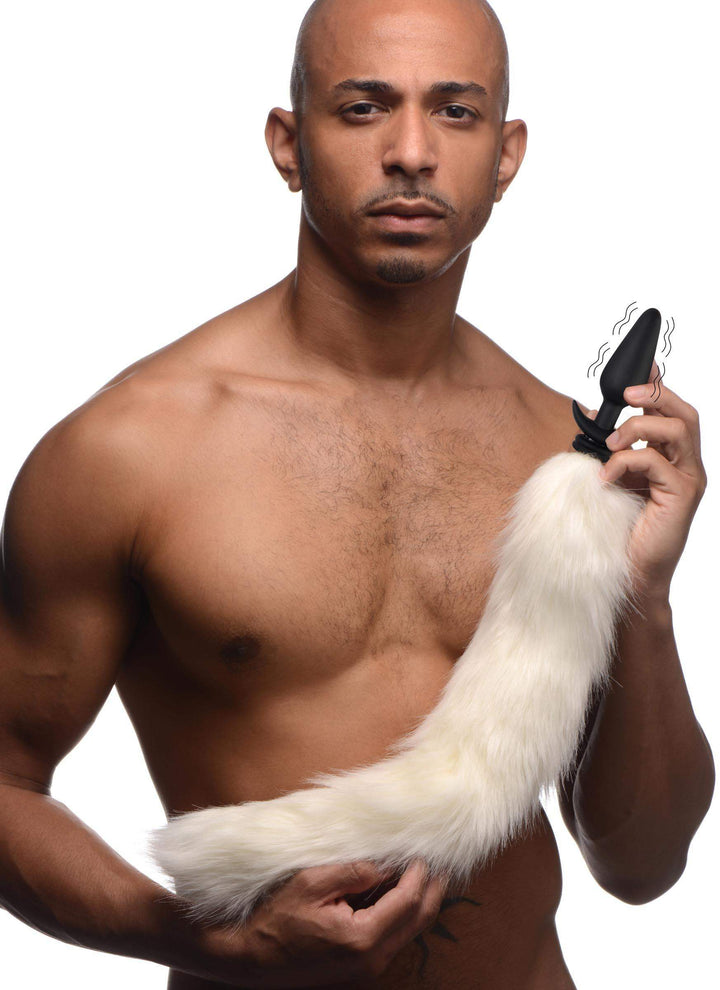 Vibrating Anal Plug with Interchangeable Fox Tail in White Large