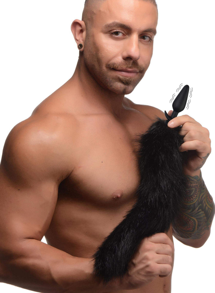 Vibrating Anal Plug with Interchangeable Fox Tail in Black Small
