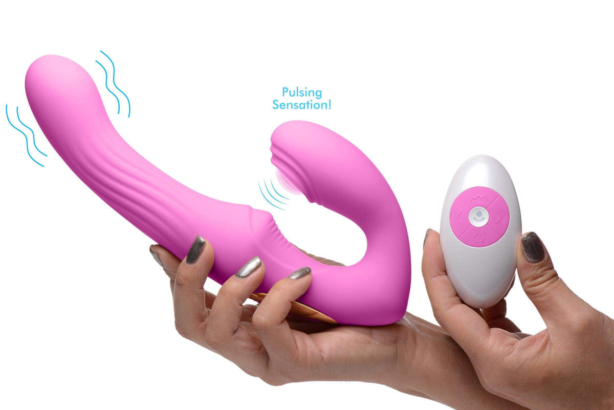 15X U-Pulse Silicone Pulsating and Vibrating Strapless Strap-on with Remote - Pink - The Dildo Hub