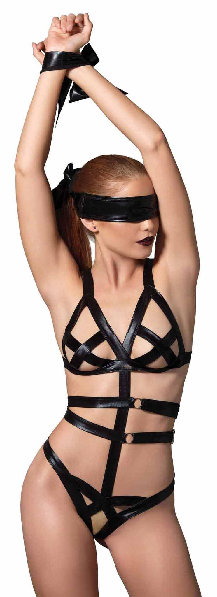 3 Piece Wet Look Bondage G-String Teddy with Restraints - The Dildo Hub