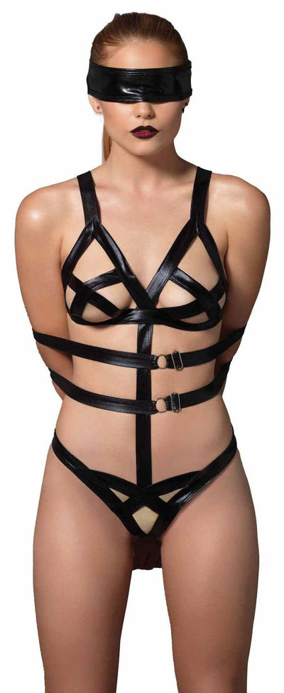 3 Piece Wet Look Bondage G-String Teddy with Restraints - The Dildo Hub