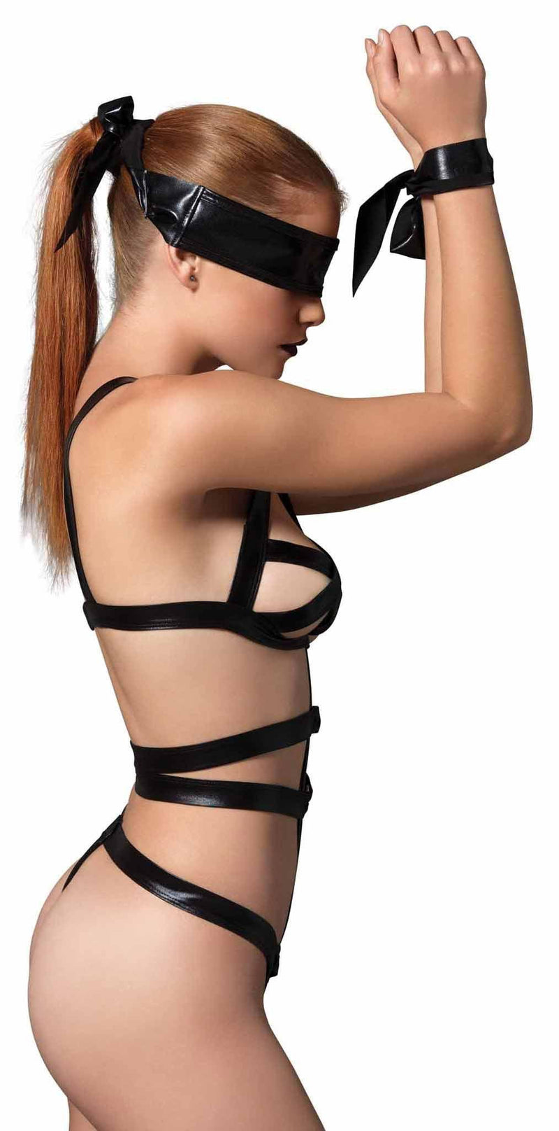 3 Piece Wet Look Bondage G-String Teddy with Restraints - The Dildo Hub