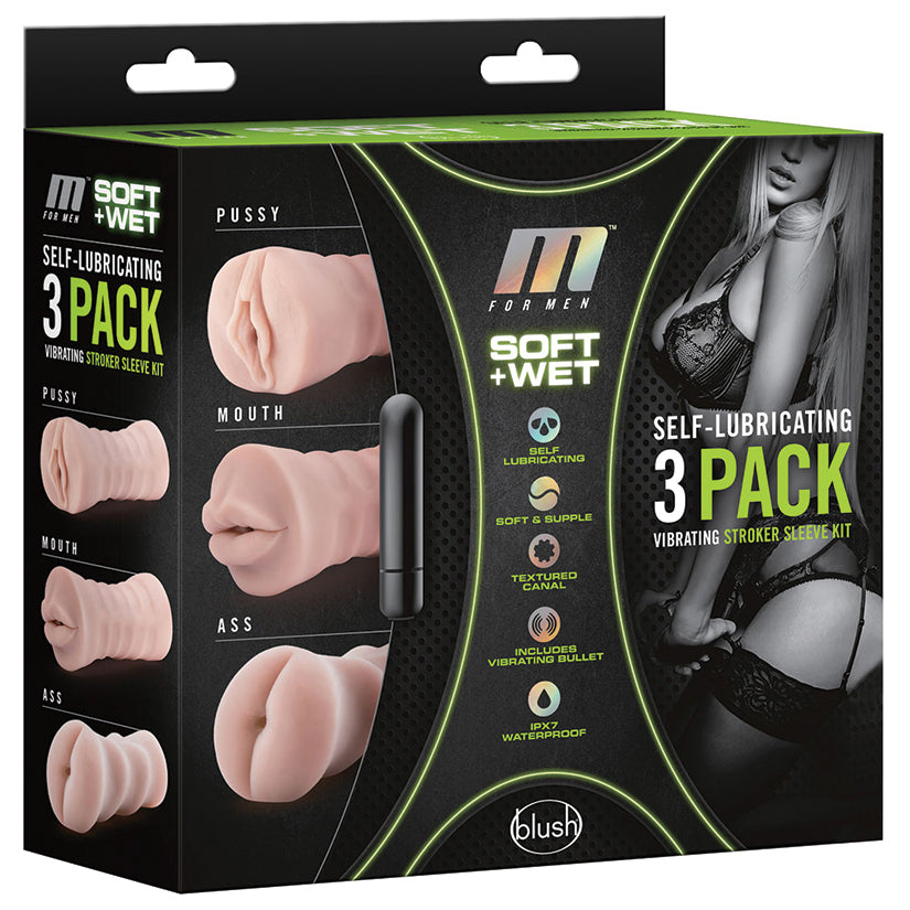 M for Men Soft and Wet Vibrating Stroker 3-Pack