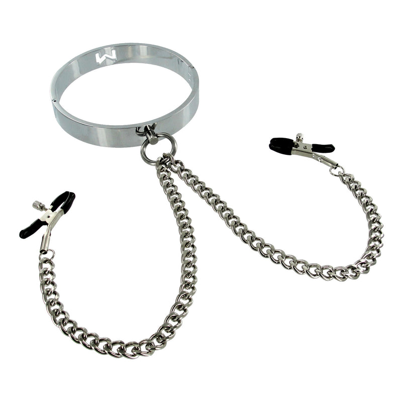 Chrome Slave Collar with Nipple Clamps - SmallMedium LeatherR from Kink Industries