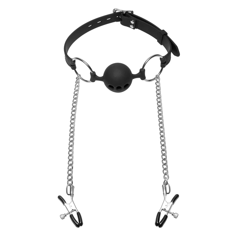 Hinder Breathable Silicone Ball Gag with Nipple Clamps GAGS from Master Series