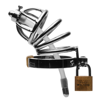 Stainless Steel Chastity Cage with Silicone Urethral Plug male-chastity from Master Series
