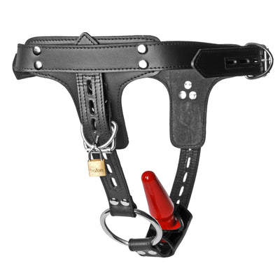 Premium Locking Leather Cock Ring and Anal Plug Harness dual-penetration-strapon from Strict Leather