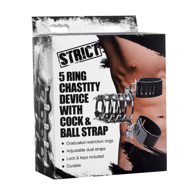 5 Ring Chastity Device with Cock and Ball Strap strict-bondage from STRICT