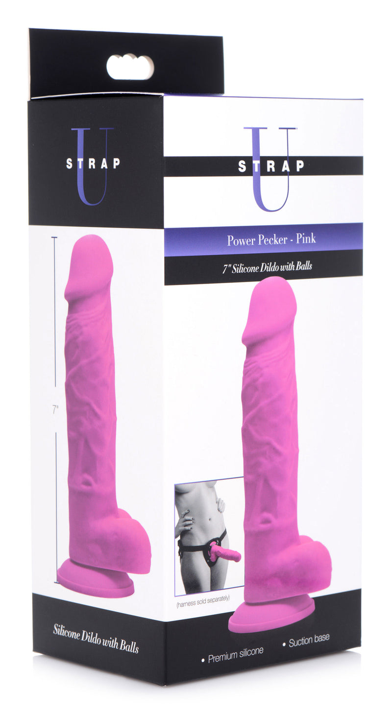 Power Pecker 7 Inch Silicone Dildo with Balls - Pink Dildos from Strap U